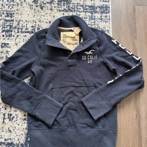 Hollister Men's Navy Zip-Up Collar Sweatshirt with So Calif 22 Embroidery